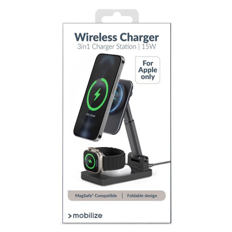 Station de charge Mobilize 3en1 compatible MagSafe 15W noir